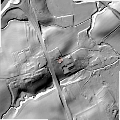 Shaded relief map of the ground around DL13LU, computed from Environment Agency LiDAR. The ground here sits at about 71 m above sea level and falls 24 m across the surrounding 800 m. Surface water reaching this point runs off ground lying to the west-north-west, 6.4 m higher.