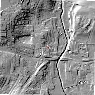 Shaded relief map of the ground around DL13SE, computed from Environment Agency LiDAR. The ground here sits at about 47 m above sea level and falls 18 m across the surrounding 800 m. Surface water reaching this point runs off ground lying to the north-west, 3.3 m higher.