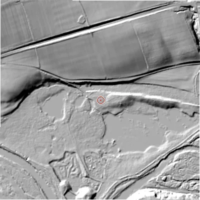 Shaded relief map of the ground around DL140AG, computed from Environment Agency LiDAR. The ground here sits at about 84 m above sea level and falls 37 m across the surrounding 800 m. Surface water reaching this point runs off ground lying to the east-north-east, 2.5 m higher.