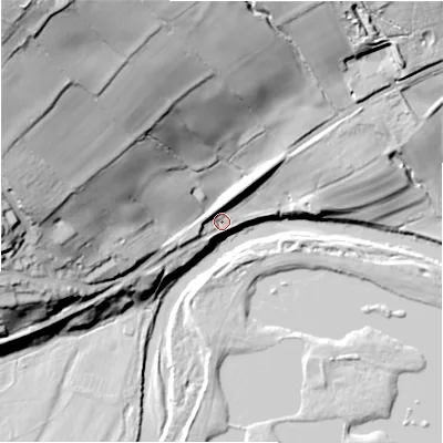 Shaded relief map of the ground around DL140AJ, computed from Environment Agency LiDAR. The ground here sits at about 94 m above sea level and falls 69 m across the surrounding 800 m. Surface water reaching this point runs off ground lying to the west-south-west, 7.0 m higher.