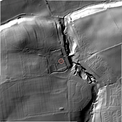 Shaded relief map of the ground around DL140DE, computed from Environment Agency LiDAR. The ground here sits at about 108 m above sea level and falls 43 m across the surrounding 800 m. Surface water reaching this point runs off ground lying to the south-west, 12.0 m higher.