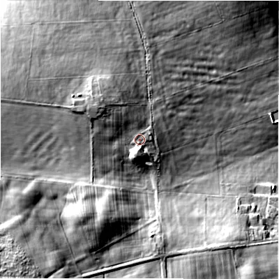 Shaded relief map of the ground around DL140DQ, computed from Environment Agency LiDAR. The ground here sits at about 148 m above sea level and falls 31 m across the surrounding 800 m. Surface water reaching this point runs off ground lying to the north-west, 5.2 m higher.