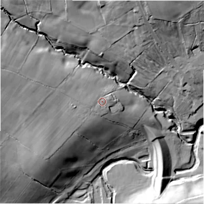 Shaded relief map of the ground around DL140LQ, computed from Environment Agency LiDAR. The ground here sits at about 141 m above sea level and falls 45 m across the surrounding 800 m. Surface water reaching this point runs off ground lying to the west-north-west, 13.8 m higher.