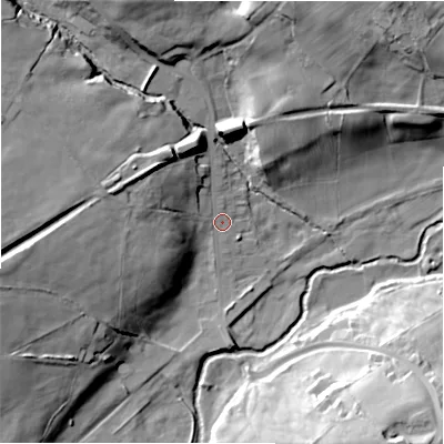 Shaded relief map of the ground around DL140NL, computed from Environment Agency LiDAR. The ground here sits at about 135 m above sea level and falls 36 m across the surrounding 800 m. Surface water reaching this point runs off ground lying to the west-north-west, 15.5 m higher.
