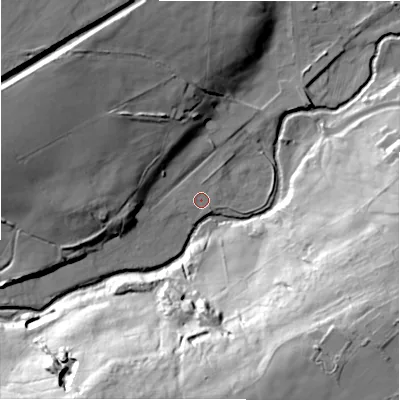 Shaded relief map of the ground around DL140NU, computed from Environment Agency LiDAR. The ground here sits at about 136 m above sea level and falls 56 m across the surrounding 800 m. Surface water reaching this point runs off ground lying to the west, 1.5 m higher.