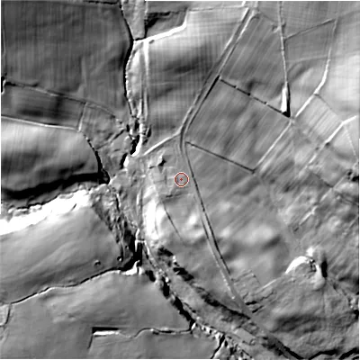 Shaded relief map of the ground around DL140PA, computed from Environment Agency LiDAR. The ground here sits at about 155 m above sea level and falls 53 m across the surrounding 800 m. Surface water reaching this point runs off ground lying to the north-north-east, 35.5 m higher.