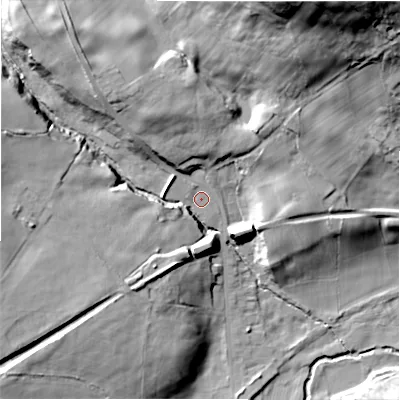 Shaded relief map of the ground around DL140QB, computed from Environment Agency LiDAR. The ground here sits at about 139 m above sea level and falls 57 m across the surrounding 800 m. Surface water reaching this point runs off ground lying to the north-west, 18.7 m higher.