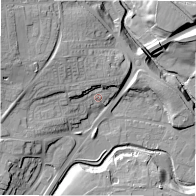 Shaded relief map of the ground around DL146DE, computed from Environment Agency LiDAR. The ground here sits at about 91 m above sea level and falls 29 m across the surrounding 800 m. Surface water reaching this point runs off ground lying to the north-west, 11.4 m higher.