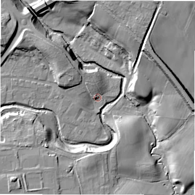 Shaded relief map of the ground around DL146FT, computed from Environment Agency LiDAR. The ground here sits at about 87 m above sea level and falls 31 m across the surrounding 800 m. Surface water reaching this point runs off ground lying to the north-west, 8.8 m higher.