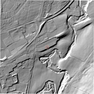 Shaded relief map of the ground around DL146RJ, computed from Environment Agency LiDAR. The ground here sits at about 95 m above sea level and falls 30 m across the surrounding 800 m. Surface water reaching this point runs off ground lying to the west, 5.0 m higher.