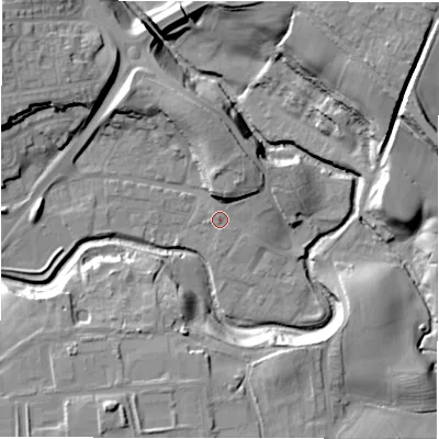 Shaded relief map of the ground around DL146RU, computed from Environment Agency LiDAR. The ground here sits at about 87 m above sea level and falls 28 m across the surrounding 800 m. Surface water reaching this point runs off ground lying to the north-north-east, 6.7 m higher.