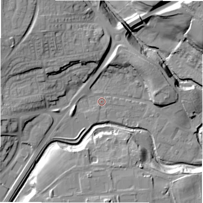 Shaded relief map of the ground around DL146RY, computed from Environment Agency LiDAR. The ground here sits at about 87 m above sea level and falls 27 m across the surrounding 800 m. Surface water reaching this point runs off ground lying to the north-west, 15.8 m higher.