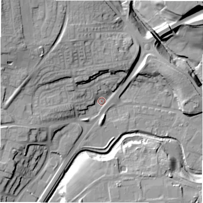 Shaded relief map of the ground around DL146SA, computed from Environment Agency LiDAR. The ground here sits at about 88 m above sea level and falls 27 m across the surrounding 800 m. Surface water reaching this point runs off ground lying to the north-west, 19.9 m higher.