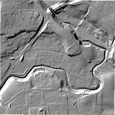 Shaded relief map of the ground around DL146SF, computed from Environment Agency LiDAR. The ground here sits at about 87 m above sea level and falls 28 m across the surrounding 800 m. Surface water reaching this point runs off ground lying to the west-south-west, 1.8 m higher.