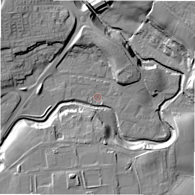 Shaded relief map of the ground around DL146SG, computed from Environment Agency LiDAR. The ground here sits at about 86 m above sea level and falls 27 m across the surrounding 800 m. Surface water reaching this point runs off ground lying to the south-south-east, 1.3 m higher.