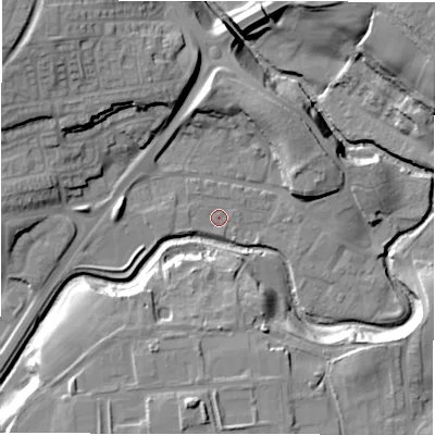 Shaded relief map of the ground around DL146SH, computed from Environment Agency LiDAR. The ground here sits at about 87 m above sea level and falls 27 m across the surrounding 800 m. Surface water reaching this point runs off ground lying to the west-south-west, 1.4 m higher.
