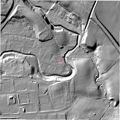 Shaded relief map of the ground around DL146SL, computed from Environment Agency LiDAR. The ground here sits at about 86 m above sea level and falls 27 m across the surrounding 800 m. Surface water reaching this point runs off ground lying to the north-west, 2.4 m higher.