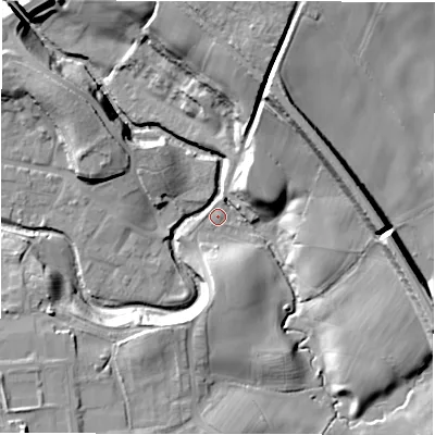 Shaded relief map of the ground around DL146SR, computed from Environment Agency LiDAR. The ground here sits at about 85 m above sea level and falls 31 m across the surrounding 800 m. Surface water reaching this point runs off ground lying to the east-south-east, 24.4 m higher.