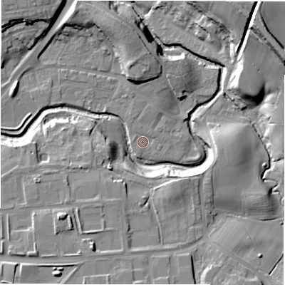 Shaded relief map of the ground around DL146SW, computed from Environment Agency LiDAR. The ground here sits at about 86 m above sea level and falls 26 m across the surrounding 800 m. Surface water reaching this point runs off ground lying to the north-east, 1.0 m higher.