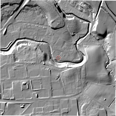 Shaded relief map of the ground around DL146XY, computed from Environment Agency LiDAR. The ground here sits at about 86 m above sea level and falls 25 m across the surrounding 800 m. Surface water reaching this point runs off ground lying to the north-north-east, 1.6 m higher.
