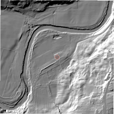 Shaded relief map of the ground around DL147PA, computed from Environment Agency LiDAR. The ground here sits at about 71 m above sea level and falls 57 m across the surrounding 800 m. Surface water reaching this point runs off ground lying to the south, 1.8 m higher.
