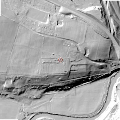 Shaded relief map of the ground around DL147SD, computed from Environment Agency LiDAR. The ground here sits at about 108 m above sea level and falls 53 m across the surrounding 800 m. Surface water reaching this point runs off ground lying to the north, 9.7 m higher.