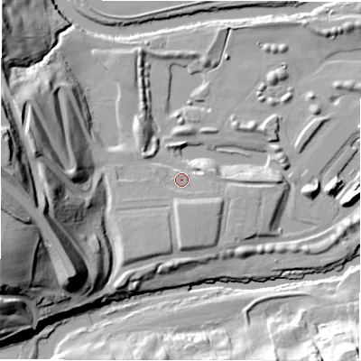 Shaded relief map of the ground around DL147SF, computed from Environment Agency LiDAR. The ground here sits at about 69 m above sea level and falls 47 m across the surrounding 800 m. Surface water reaching this point runs off ground lying to the south, 5.5 m higher.