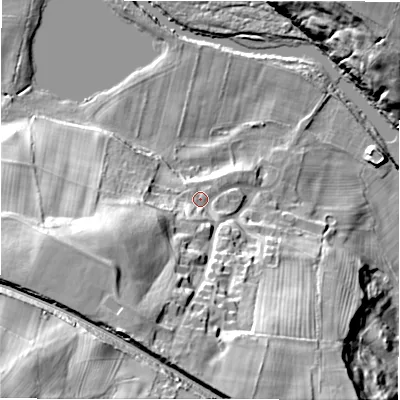 Shaded relief map of the ground around DL147SY, computed from Environment Agency LiDAR. The ground here sits at about 79 m above sea level and falls 53 m across the surrounding 800 m. Surface water reaching this point runs off ground lying to the south-south-west, 26.9 m higher.