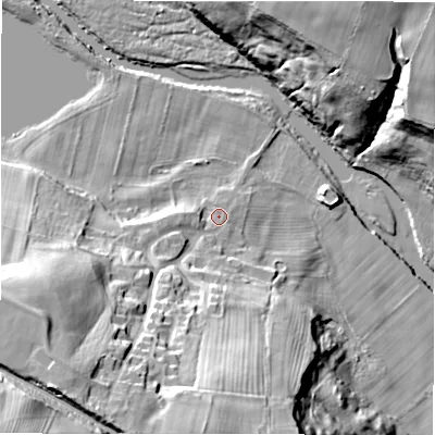 Shaded relief map of the ground around DL147SZ, computed from Environment Agency LiDAR. The ground here sits at about 76 m above sea level and falls 43 m across the surrounding 800 m. Surface water reaching this point runs off ground lying to the south-west, 31.4 m higher.