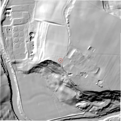 Shaded relief map of the ground around DL148DJ, computed from Environment Agency LiDAR. The ground here sits at about 94 m above sea level and falls 42 m across the surrounding 800 m. Surface water reaching this point runs off ground lying to the south-east, 1.6 m higher.