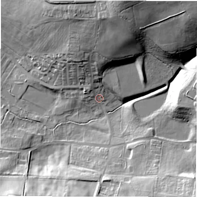 Shaded relief map of the ground around DL148RS, computed from Environment Agency LiDAR. The ground here sits at about 102 m above sea level and falls 35 m across the surrounding 800 m. Surface water reaching this point runs off ground lying to the north-north-east, 29.9 m higher.