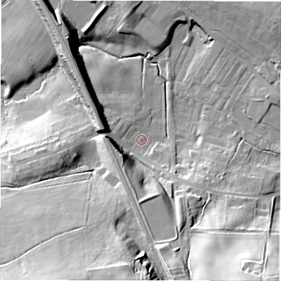 Shaded relief map of the ground around DL148SY, computed from Environment Agency LiDAR. The ground here sits at about 96 m above sea level and falls 37 m across the surrounding 800 m. Surface water reaching this point runs off ground lying to the south-south-west, 32.2 m higher.