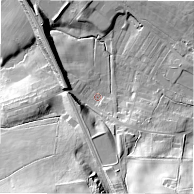 Shaded relief map of the ground around DL148TA, computed from Environment Agency LiDAR. The ground here sits at about 96 m above sea level and falls 37 m across the surrounding 800 m. Surface water reaching this point runs off ground lying to the south-south-west, 32.8 m higher.