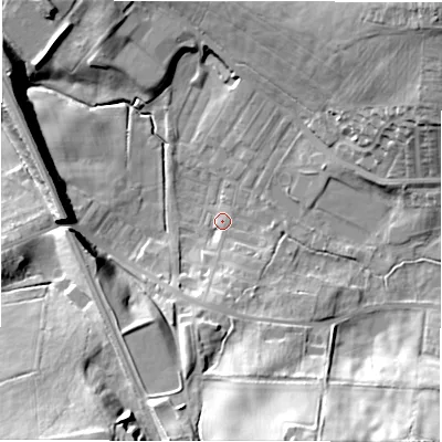 Shaded relief map of the ground around DL148TL, computed from Environment Agency LiDAR. The ground here sits at about 96 m above sea level and falls 31 m across the surrounding 800 m. Surface water reaching this point runs off ground lying to the south-south-east, 28.3 m higher.
