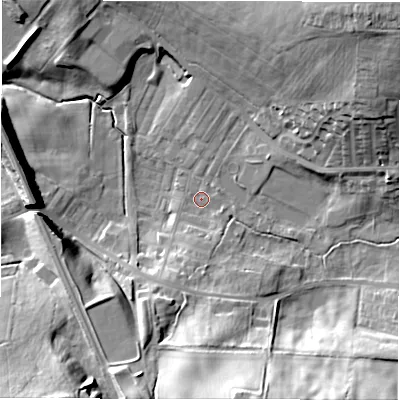 Shaded relief map of the ground around DL148TP, computed from Environment Agency LiDAR. The ground here sits at about 97 m above sea level and falls 31 m across the surrounding 800 m. Surface water reaching this point runs off ground lying to the south-south-west, 6.2 m higher.