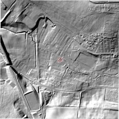 Shaded relief map of the ground around DL148TR, computed from Environment Agency LiDAR. The ground here sits at about 97 m above sea level and falls 32 m across the surrounding 800 m. Surface water reaching this point runs off ground lying to the north-east, 23.9 m higher.