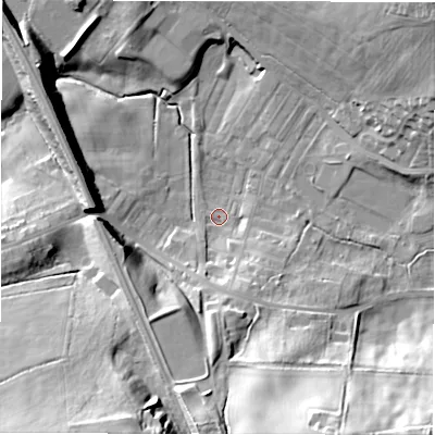Shaded relief map of the ground around DL148TT, computed from Environment Agency LiDAR. The ground here sits at about 95 m above sea level and falls 33 m across the surrounding 800 m. Surface water reaching this point runs off ground lying to the south-south-east, 25.9 m higher.