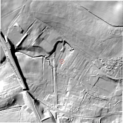 Shaded relief map of the ground around DL148UA, computed from Environment Agency LiDAR. The ground here sits at about 95 m above sea level and falls 38 m across the surrounding 800 m. Surface water reaching this point runs off ground lying to the north-east, 35.9 m higher.