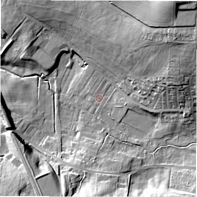Shaded relief map of the ground around DL148UJ, computed from Environment Agency LiDAR. The ground here sits at about 97 m above sea level and falls 37 m across the surrounding 800 m. Surface water reaching this point runs off ground lying to the north-east, 29.9 m higher.