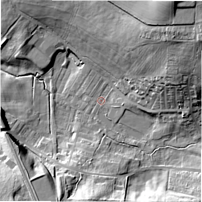 Shaded relief map of the ground around DL148UL, computed from Environment Agency LiDAR. The ground here sits at about 97 m above sea level and falls 37 m across the surrounding 800 m. Surface water reaching this point runs off ground lying to the north-east, 30.2 m higher.