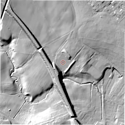 Shaded relief map of the ground around DL148XG, computed from Environment Agency LiDAR. The ground here sits at about 98 m above sea level and falls 33 m across the surrounding 800 m. Surface water reaching this point runs off ground lying to the north-north-east, 5.9 m higher.