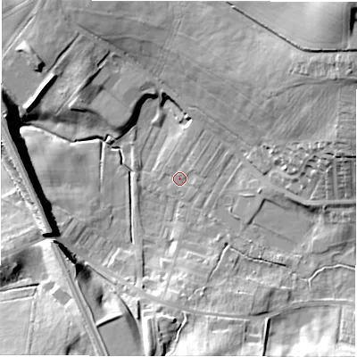 Shaded relief map of the ground around DL148XQ, computed from Environment Agency LiDAR. The ground here sits at about 96 m above sea level and falls 38 m across the surrounding 800 m. Surface water reaching this point runs off ground lying to the north-east, 28.4 m higher.