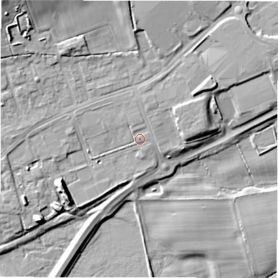 Shaded relief map of the ground around DL149AD, computed from Environment Agency LiDAR. The ground here sits at about 103 m above sea level and falls 16 m across the surrounding 800 m. Surface water reaching this point runs off ground lying to the north, 1.2 m higher.