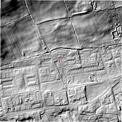 Shaded relief map of the ground around DL149AN, computed from Environment Agency LiDAR. The ground here sits at about 106 m above sea level and falls 28 m across the surrounding 800 m. Surface water reaching this point runs off ground lying to the west-north-west, 2.2 m higher.