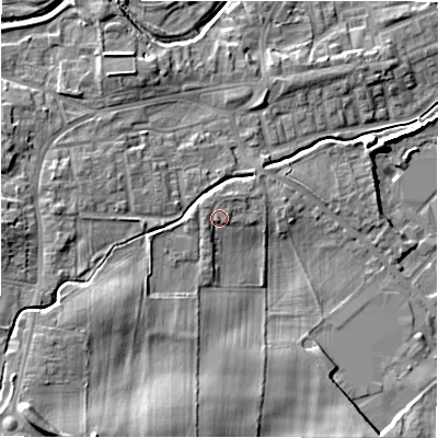 Shaded relief map of the ground around DL149AQ, computed from Environment Agency LiDAR. The ground here sits at about 110 m above sea level and falls 14 m across the surrounding 800 m. Surface water reaching this point runs off ground lying to the south-west, 1.4 m higher.