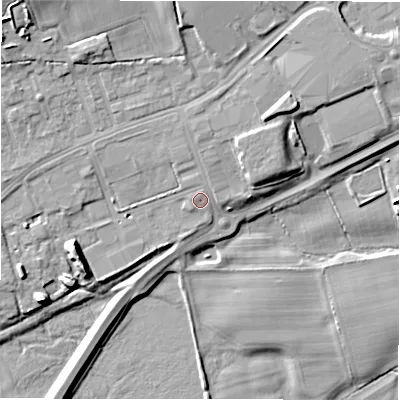 Shaded relief map of the ground around DL149AX, computed from Environment Agency LiDAR. The ground here sits at about 102 m above sea level and falls 14 m across the surrounding 800 m. Surface water reaching this point runs off ground lying to the north, 1.3 m higher.