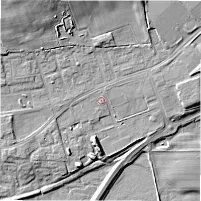 Shaded relief map of the ground around DL149AZ, computed from Environment Agency LiDAR. The ground here sits at about 103 m above sea level and falls 17 m across the surrounding 800 m. Surface water reaching this point runs off ground lying to the west-north-west, 0.9 m higher.