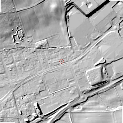 Shaded relief map of the ground around DL149BB, computed from Environment Agency LiDAR. The ground here sits at about 103 m above sea level and falls 24 m across the surrounding 800 m. Surface water reaching this point runs off ground lying to the north-west, 17.2 m higher.