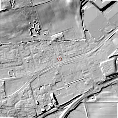 Shaded relief map of the ground around DL149BD, computed from Environment Agency LiDAR. The ground here sits at about 103 m above sea level and falls 22 m across the surrounding 800 m. Surface water reaching this point runs off ground lying to the north-west, 16.9 m higher.