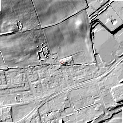 Shaded relief map of the ground around DL149BF, computed from Environment Agency LiDAR. The ground here sits at about 106 m above sea level and falls 31 m across the surrounding 800 m. Surface water reaching this point runs off ground lying to the north-north-west, 22.1 m higher.